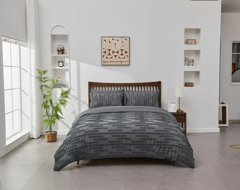 Signature Duvet Quilt Cover Set Tufted Quincy Bedding Luxury Single Double Super King Size Bed Soft Microfiber Polyester Charcoal Grey White 1