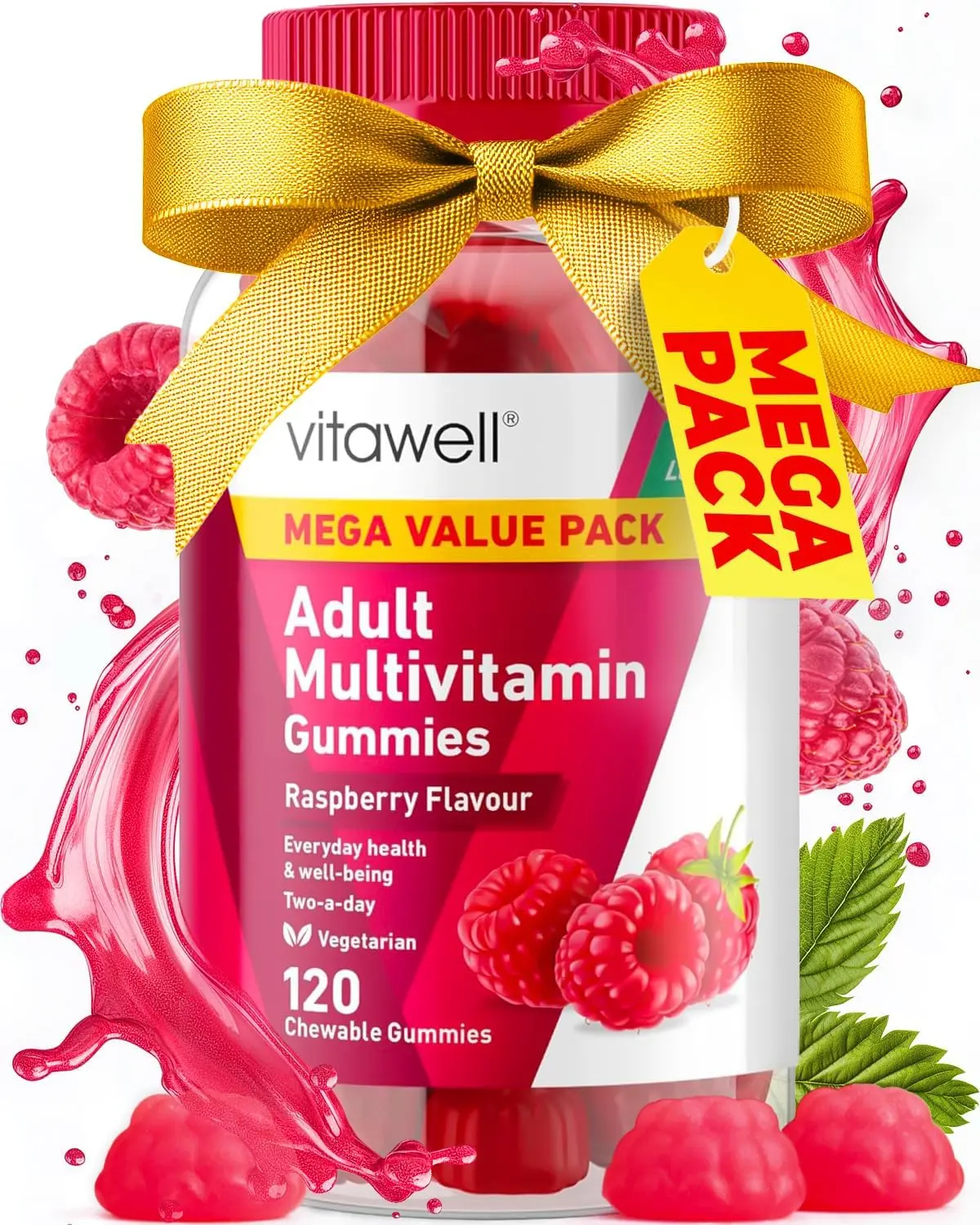 Vitawell Adult Multivitamin Gummies - 120 Raspberry Flavour Gummies | Complex Vitamin D Formula | Immune Support | 10 Essential Vitamins for Men & Women
