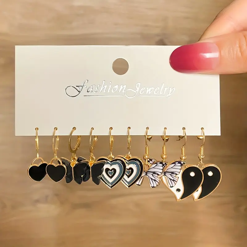 10 Pairs/ Set Hoop Earrings With Enamel Heart Butterfly Natural Stone Decor Y2K Punk Style Trendy Female Gift 3