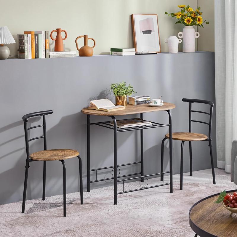 3 Piece Modern Dining Table Set, Kitchen Table and Chairs Set for 2, Space Saving Table Set, Breakfast Nook Table Set with Steel Legs and Storage Rack for Kitchen/Small Space, Brown 1