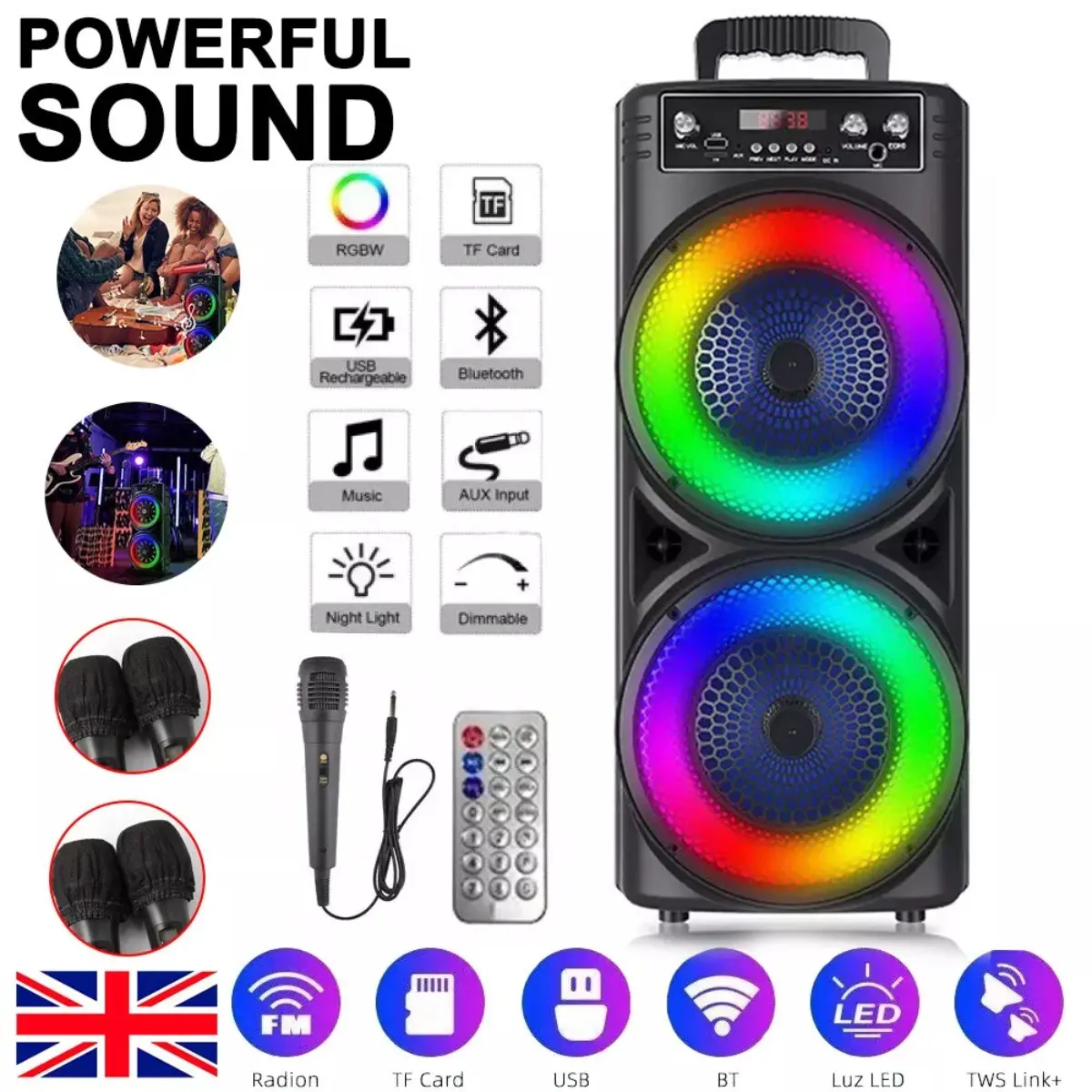 6000W Portable Bluetooth Speaker, Powerful Subwoofer Sound System, Heavy Bass Wireless Speaker, Party Speaker with Mic, LED Lights & FM Radio, Rechargeable Outdoor & Indoor Audio, Home DJ Music System, USB/AUX/TF Compatible, Loud & Clear Audio, UK