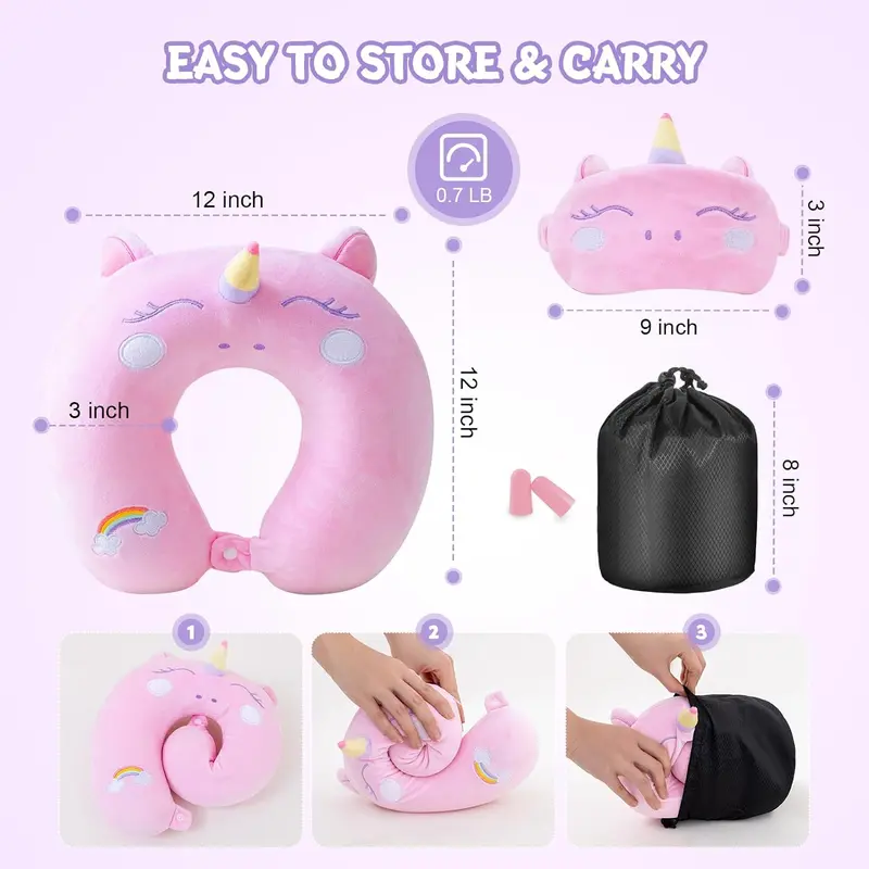 Cute Memory Foam Kids Travel Pillow with Sleep Mask - Animal Flight Pillow Head Rest Neck Support for Boys and Girls on Long Flights and Car Journeys 6