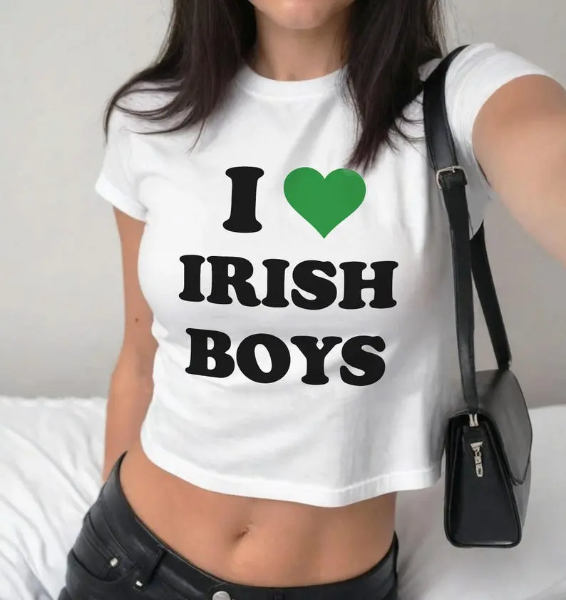 I Love Irish Boys Baby Tee, St Paddys Day Women Fitted Tee, St. Patrick's Day Baby Tee, Luck of the Irish Aesthetic Clothing, Irish Crop Top