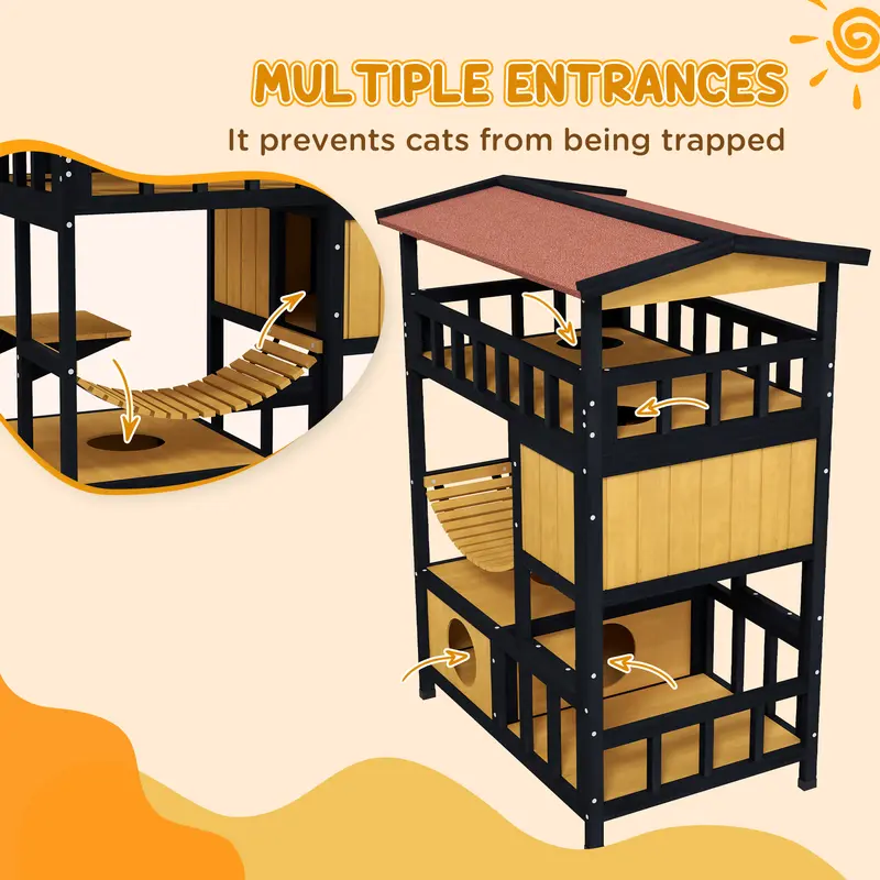 PawHut Cat House Wooden Cat Shelter Outdoor Cat House, 4 Tier Feral w/ Suspension Bridge, Balcony, Escape Doors, Water-Resistant Roof, for 1-2 Cats 6