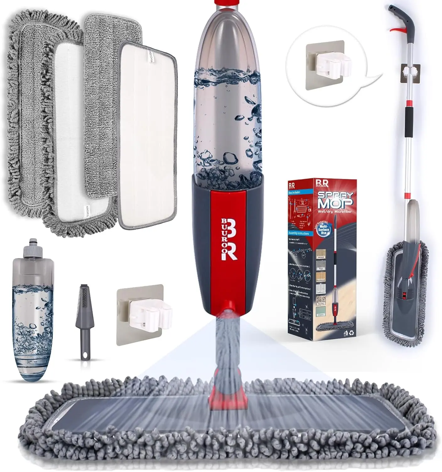 Spray Mop for Floor Cleaning with 4 Washable Reusable Pads a 360ML Refillable Bottle and 1 Scraper 1 Mop Holder Commercial Use Dry Wet Flat Mop for Home Kitchen Hardwood Laminate Wood Ceramic | Everyday Household Essentials Wooden