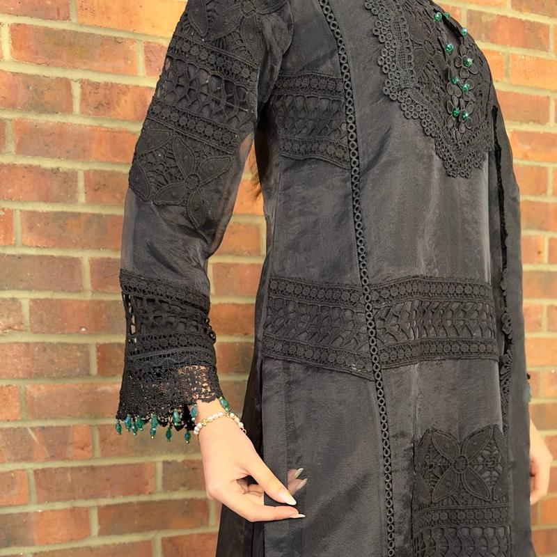 BLACK FRIDAY SPECIAL - BLACK ORGANZA HEAVY CROCHET AND LACE DETAILED 4PC WITH GREEN CRYSTAL DETAILING, FORMAL WOMENSWEAR LONG HEAVY DUPATTA, CAPRI TROUSERS WITH LONG ORGANZA KAMEEZ and a FULL SLEEVES LINING Traditional Outfit Comfortable Womenswear Dress 2