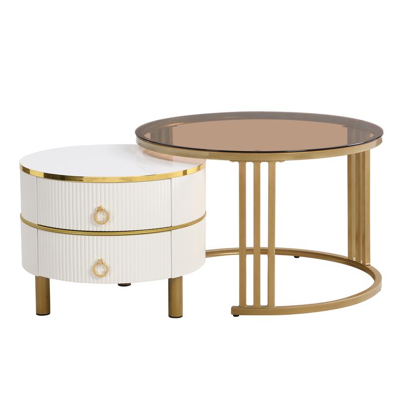2024 High Quanlity 2-in-1 round MDF coffee table with 1 high-gloss table top and 1 side table with brown tempered glass tabletop, living room coffee table set with 2 drawers, 70*70*45 + 50*50*40 cm  Modern Furniture Coffee Table for Living Room 4