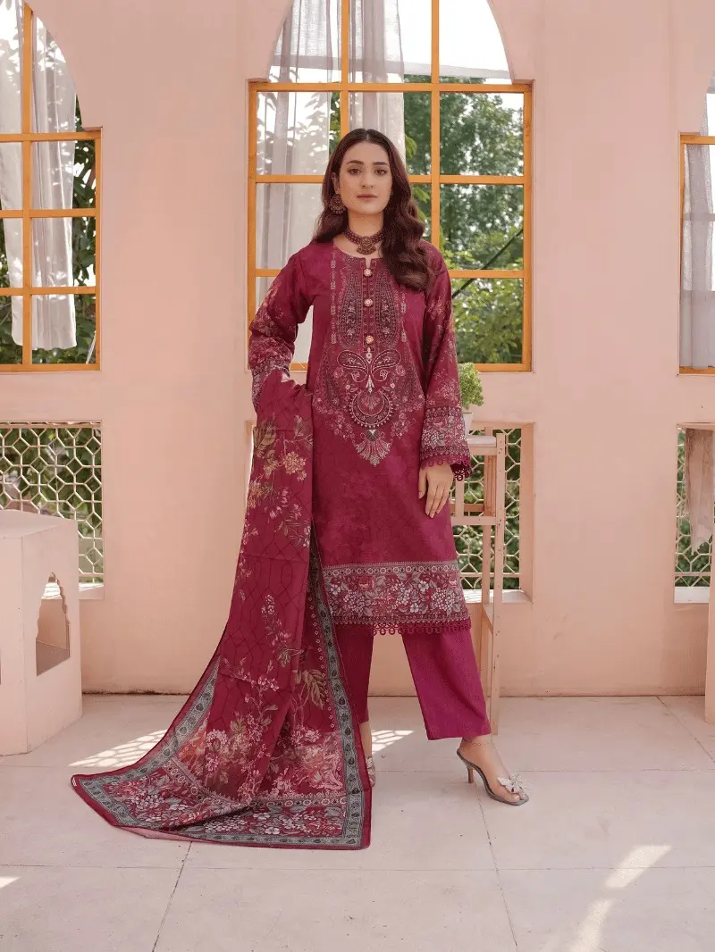 |MS-025| – Flora Alluring 3 Piece Khaddar Digital Suit in Red By MauSummery Dress Lightweight
