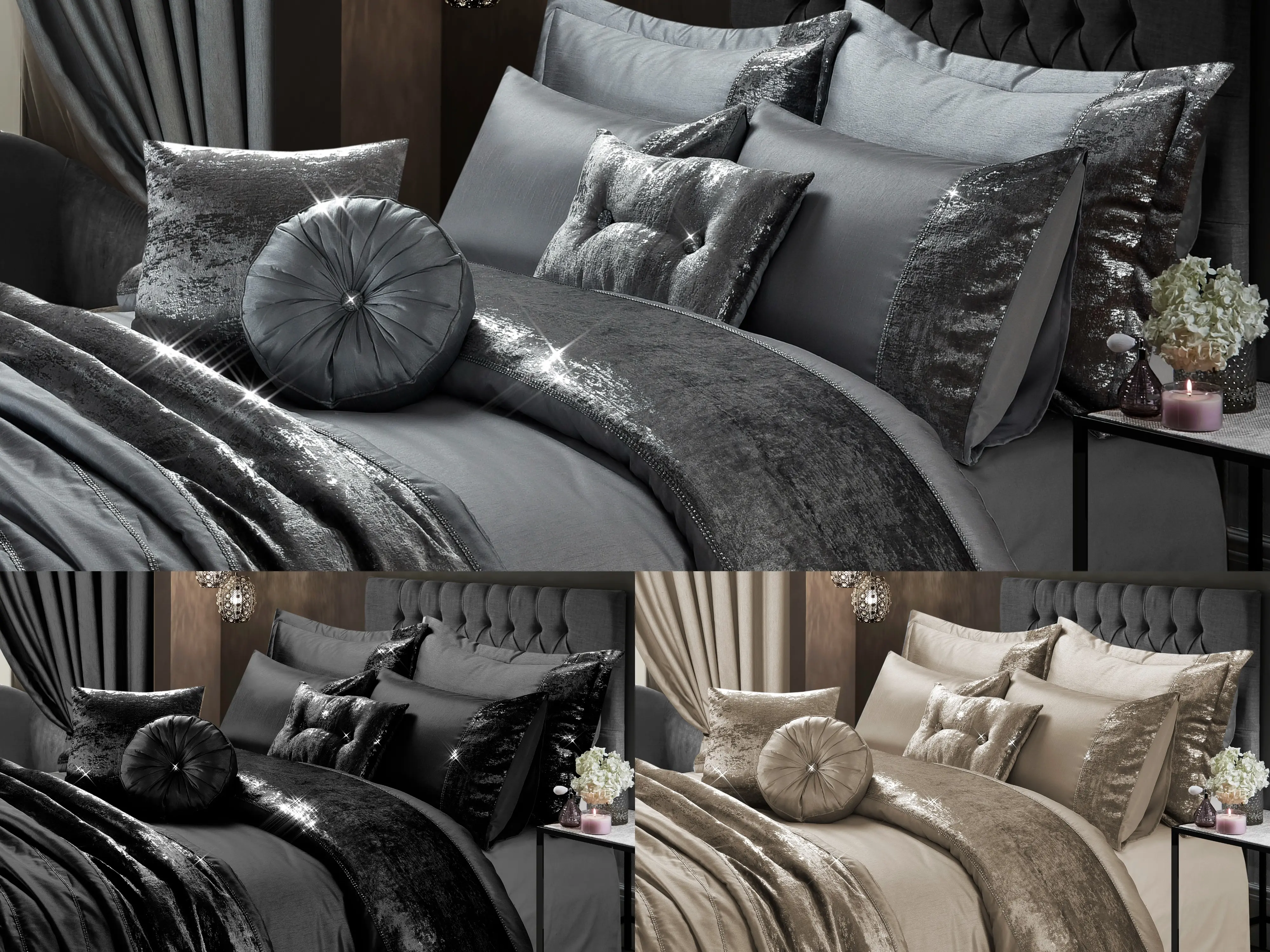 LUXURY CRUSHED VELVET DECORATIVE DUVET/QUILT COVER BEDSHEET BEDDING SET CURTAINS sets