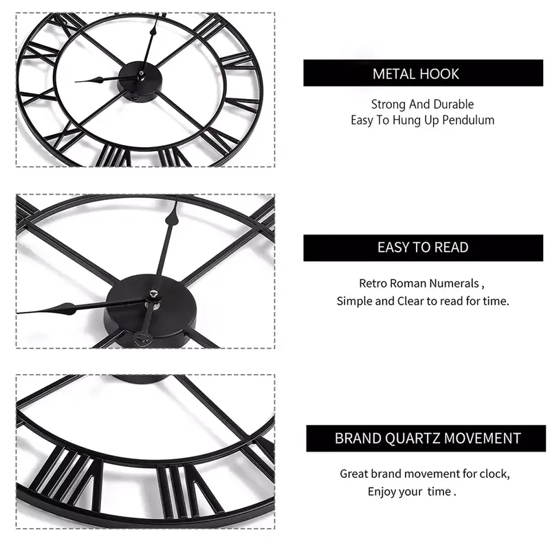 Large Black Metal Wall Clock with Vintage Look and Silent Roman Numerals for Home Decor 4