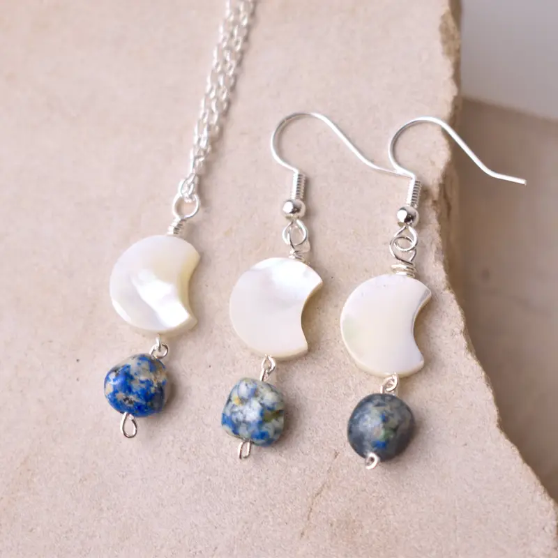 Handmade Crescent Moon Mother of Pearl with Azurite Crystal Earring and Necklace Set, Healing Crystal Drop Earring Pair, Azurite Healing Crystal Jewellery Christmas Gift 1