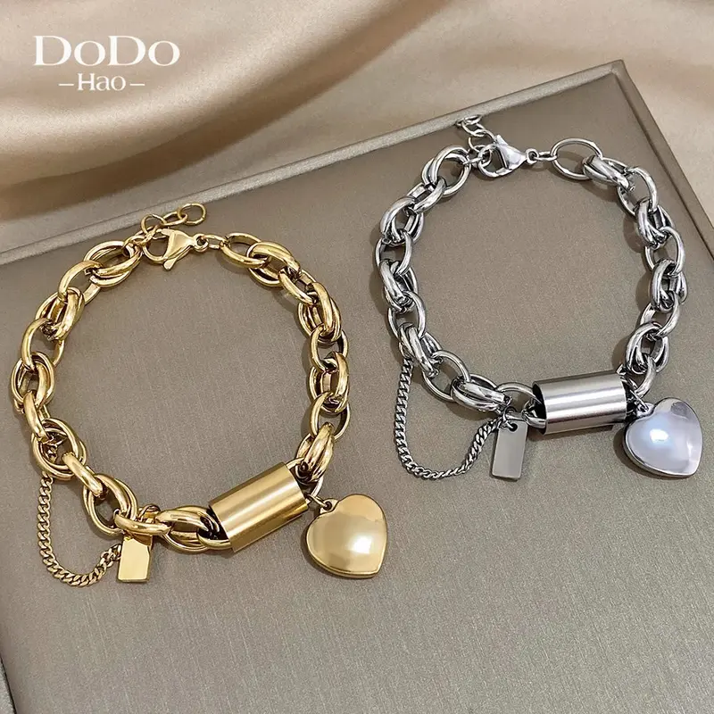 AENSOA Punk Chunky Double Thick Chain Stainless Steel Bracelets for Women Fashion Golden Heart Love Buckle Pendant Wrist Jewelry 1