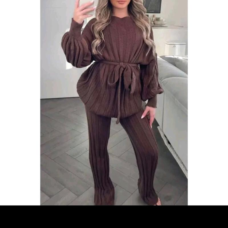 Women's High Neck Knitted 2PC Loungewear Set with Balloon Sleeves and Belt - Nightwear, Womenswear 3