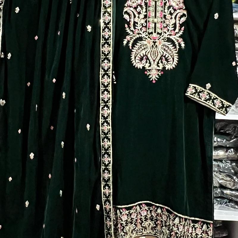 Pakistani Luxury 9000 micro Velvet 3pc Embroidered Dreee with Velvet Shawl and trouser. Formal... 5