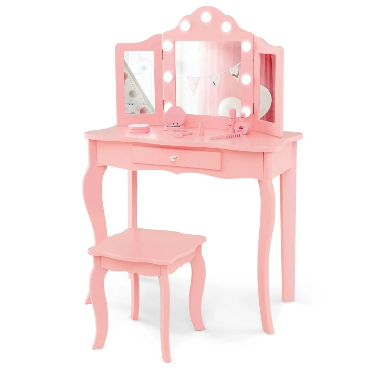 COSTWAY Kids Vanity Table and Stool Set with Real Glass Tri-Folding Mirror and Drawer