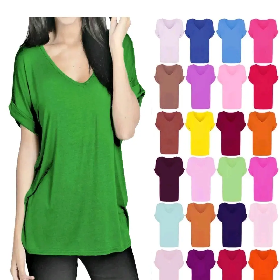 Women Oversized Baggy Loose Fit Turn up Batwing Sleeve Ladies V Neck Top T shirt