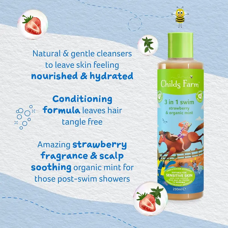 Kids 3 in 1 Swim, Strawberry and Organic Mint 250 ml, Body Wash, Shampoo and Conditioner, Suitable for Dry, Sensitive and Eczema-Prone Skin 2