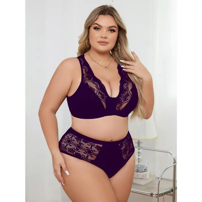 [Sexy Lace] Plus Size Underwear Set - Sexy Lace Patchwork - Women's 1