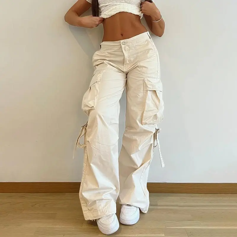 Casual Pockets Cargo Jeans Streetwear Solid Straight Denim Pants Vintage Button Baggy Trousers Fashion All-match Bottom 1