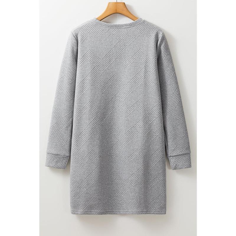 Gray Solid Color Textured Long Sleeve Shift Dress 7