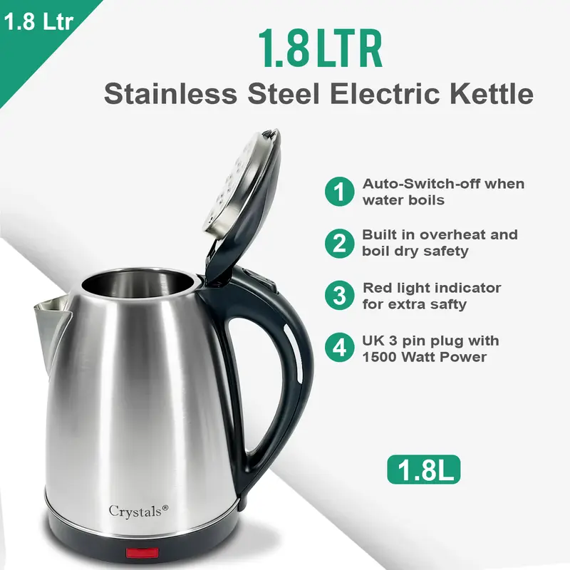 Crystals Electric Kettle Stainless Steel 1.8L Jug 1500W with Overheat Protection 4