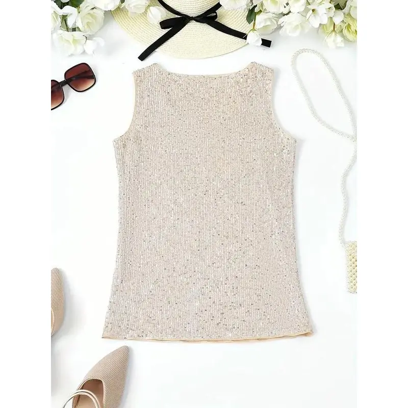 Blouses & Shirts, Womenswear Top Sleeveless Vneck Comfort Sequined V Neck Elegant Tank Top, Women's Sleeveless Clothing,Womens Full Sequin Tank Tops Glitter Club Party Sleeveless Shirt Sparkle Blouses V-Neck Loose Shimmer Vests. Basic Minimalist 6