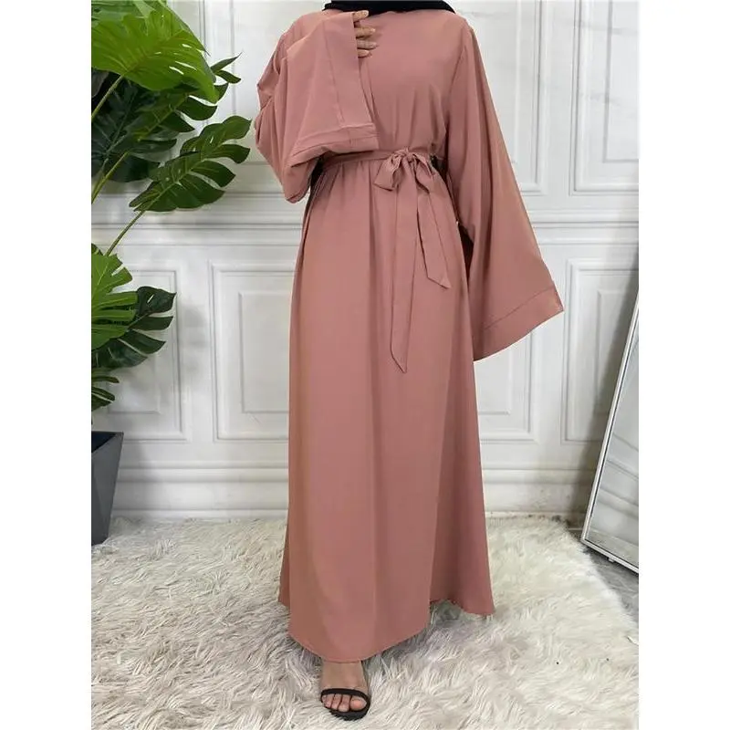 Arabic Clothing-Women's Solid Long Sleeve Round Neck Maxi Arabian Dress with Belt, Asian Suits Eid, Dresses for Women, Closed Abaya, Lady Loose Abayas, Kaftan Long Dress for Spring Summer Fall 1