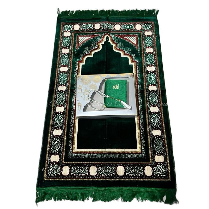 Soft Prayer Mat, Surah Book & Tasbeeh Gift Box 3 Piece Set | Made in Turkey | Prayer Mat rug for Islamic Salah | Turkish Made-Velvet Jainamaz Excellent Quality prayermat prayermats travel 70cmx110cm Janamaz Carpet Rug Namaz Muslim Islam D23PCSET prayerrug 1