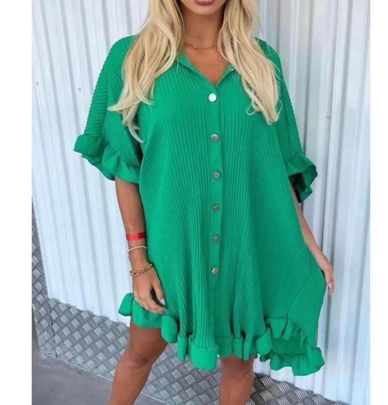 Product Introduction of Women’s Ladies Gold Button Pleated Frill Summer Shirt Swing Mini Dress Viral TikTok Top Casual Fabric 11
