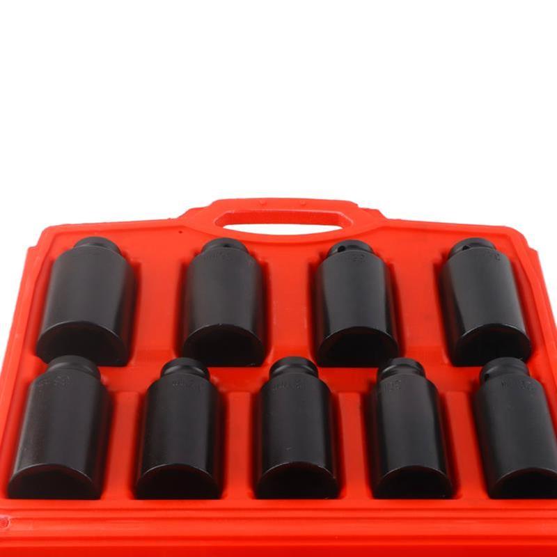 Product Introduction of 9pcs Steel Axle Hub Nut Socket Set, 1/2 Inch Drive, Hex Shank, Polished Finish, 29mm-38mm, Heavy Duty Automotive Repair Tool Kit 1