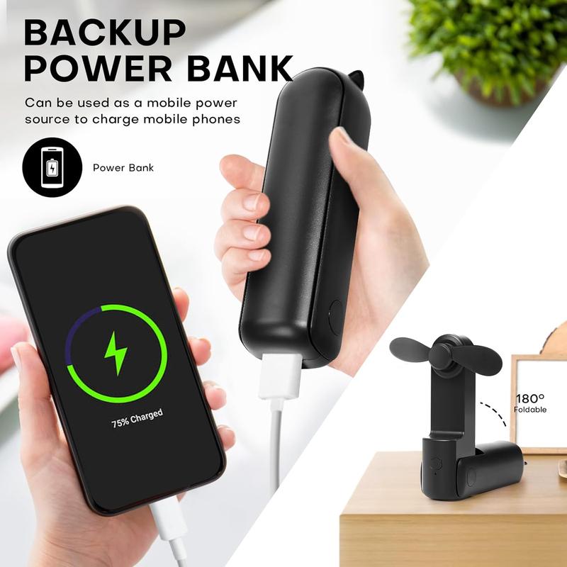 Mini Fan Handheld, 3 Speeds Rechargeable Quiet Mini Handheld Fan[9-15 Working Hours], Portable USB Small Pocket Fan, Personal Fan with Power Bank for Travel, Outdoor or Indoor All Black 3