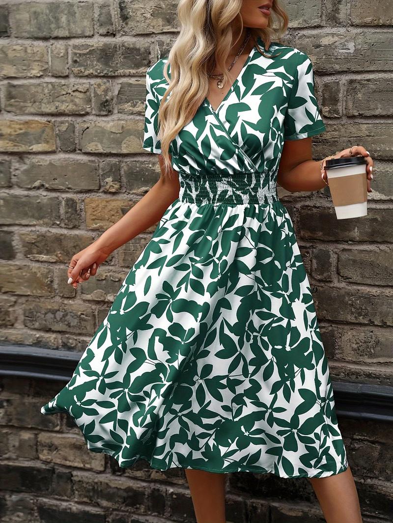 Product Introduction of Floral Wrap Neck Dress, Elegant Short Sleeve Dress For Spring & Summer, Women's Clothing 15