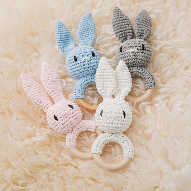 Crochet Rabbit Baby Rattle, Cute Rabbit Grasping Toys, Baby Gnawable Wooden Hand Rattle, Hand Rattle Toy Gift Box, White Pink Blue Brown, with Christmas & Easter Gift 7