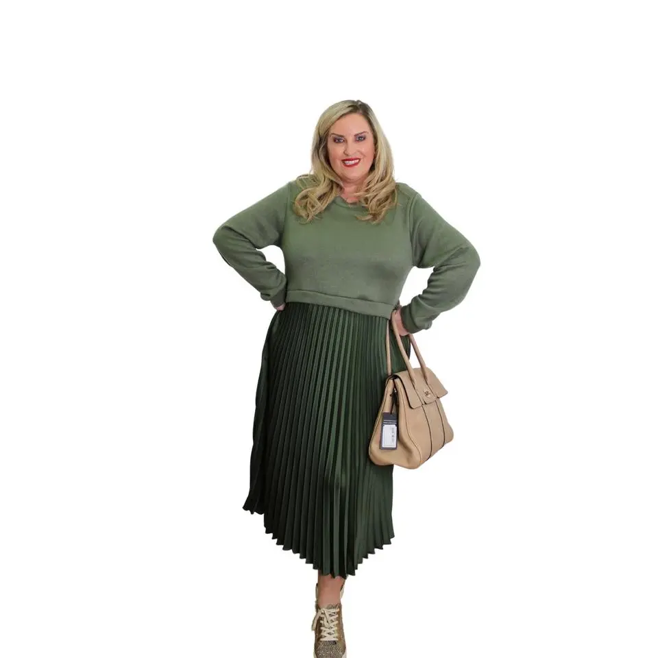 Pleat Bottom Jumper Dress Plain Long Sleeve Casual