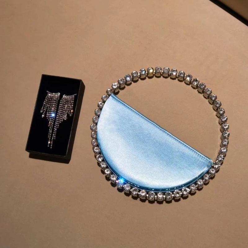 Product Introduction of New Arrival Trendy Women Chic Round Satin Crossbody Hand Bag with Round Bling Crystal Handle Evening Party Bag Purse 4