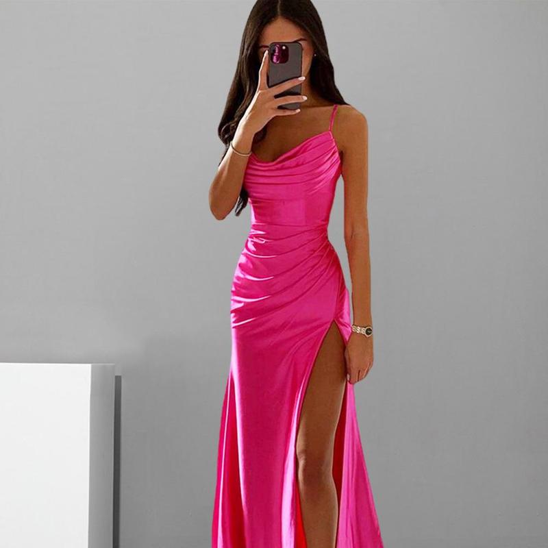 Product Introduction of Summer Women's Sexy Vintage Tulle Long Dress  Spaghetti Strap Satin Pleated Low-cut V Neck High Split dress Party Gown Ball 17
