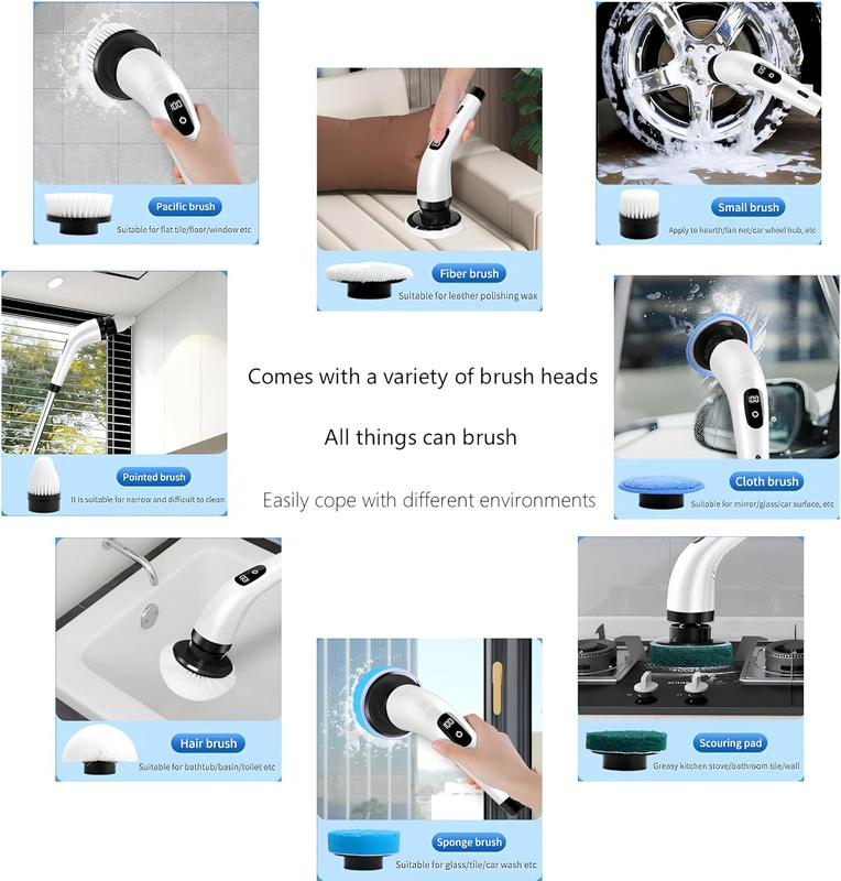 Electric Spin Scrubber Upgrade 9 in 1 Electric Cleaning Brush 420RPM Powerful Cleaning 1.5H Bathroom Scrubber Dual Speed with Extension Arm for Kitchen Car Tile Wall Floor Shower 6