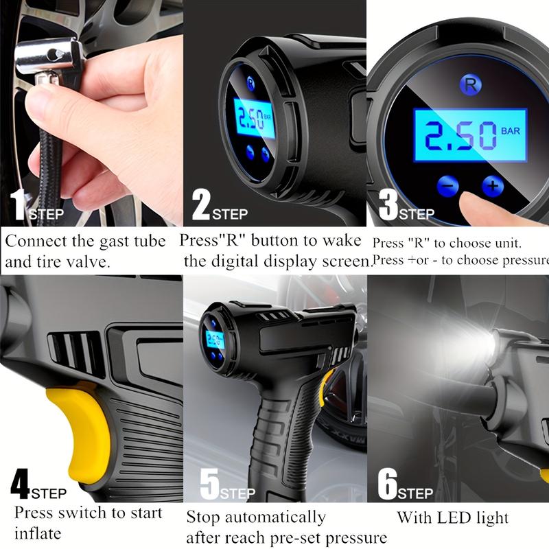 Portable Car Tyre Inflator, Air Compressor, Digital Handheld Electric Pump, LED Light, 3 Nozzle Adaptors, for Car, Motorcycle, Bicycle, Inflatables, DC 12V 7