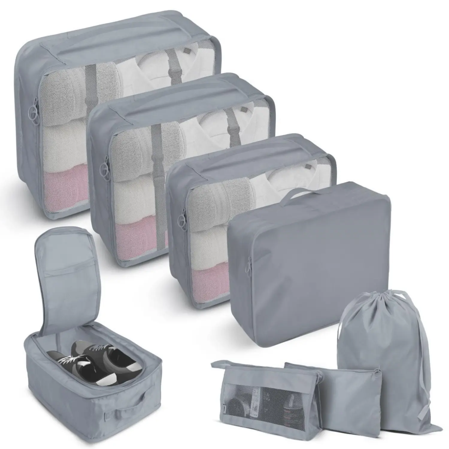 Multi-Function Makeup Case with 8 pcs Packing Cubes, Cosmetics Organizer and Jewelry Box-Black/Navy/Grey/Beige Set Lightweight Smooth Unisex and Waterproof