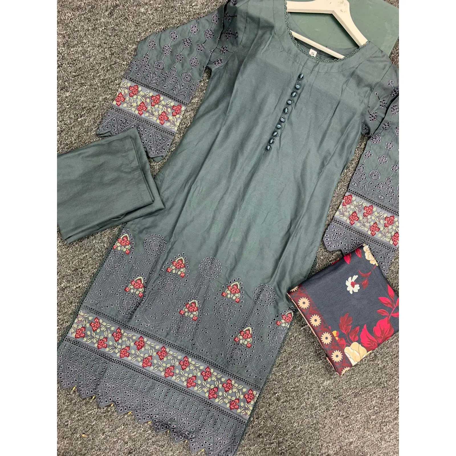 S Creations ‘Kaia’ | Embroidered Dhanak Readymade | SC152 (Grey)