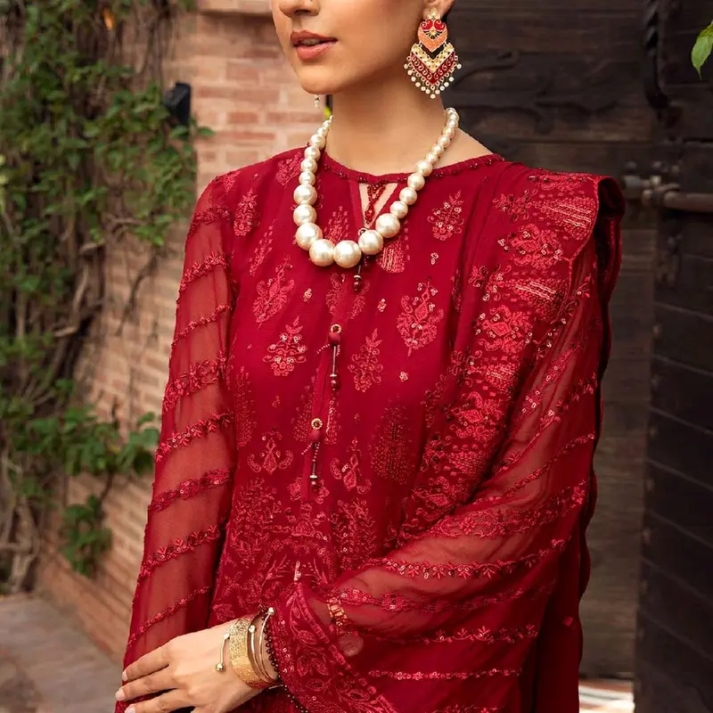 FARASHA RED CRIMSON CHIFFON SUIT PAIRED WITH CAPRI TROUSERS EMBROIDERY CHIFFON DUPATTA 3