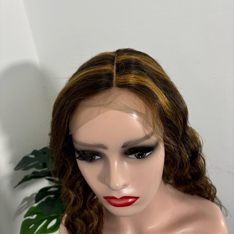 T closure body wave , human hair full machine wig, piano color 4