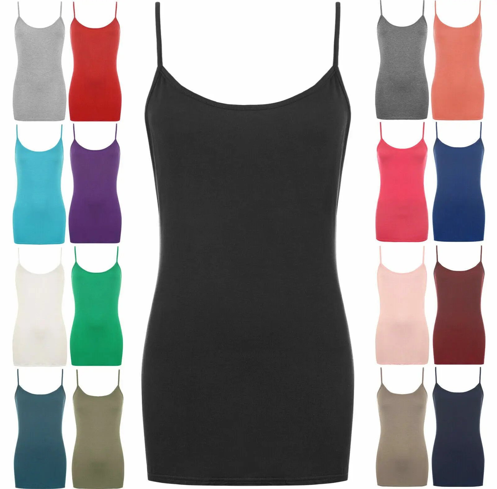 Women's Plain Sleeveless Round Scoop Neckline Stretch Slim Straps Strappy Straight Fitted Camisole T-Shirt Vest Top UK Size 8-26 Basic Casual