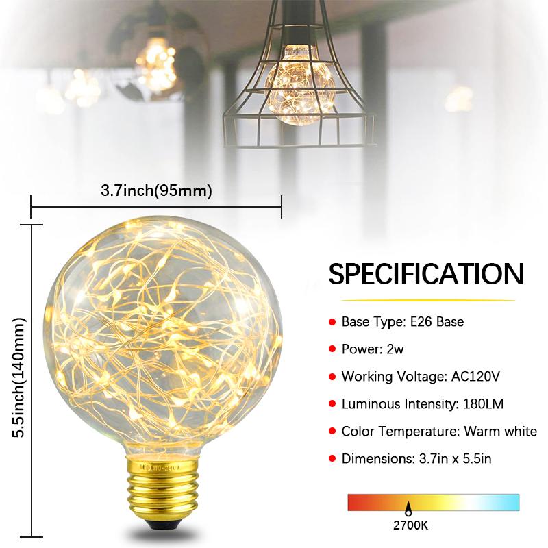 LED Fairy Light Bulb，G95 E26 Warm White Edison Screw Night Lights,Flash Starry Decorative Copper Wire String Lights for Bedroom Living Room Festival Christmas, Non-dimmable 1