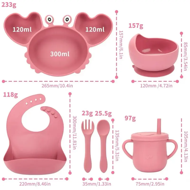 Crab Baby Toddler Weaning Set with Silicone Bib, Suction Bowl, Plate, Spoon, and Cup 6