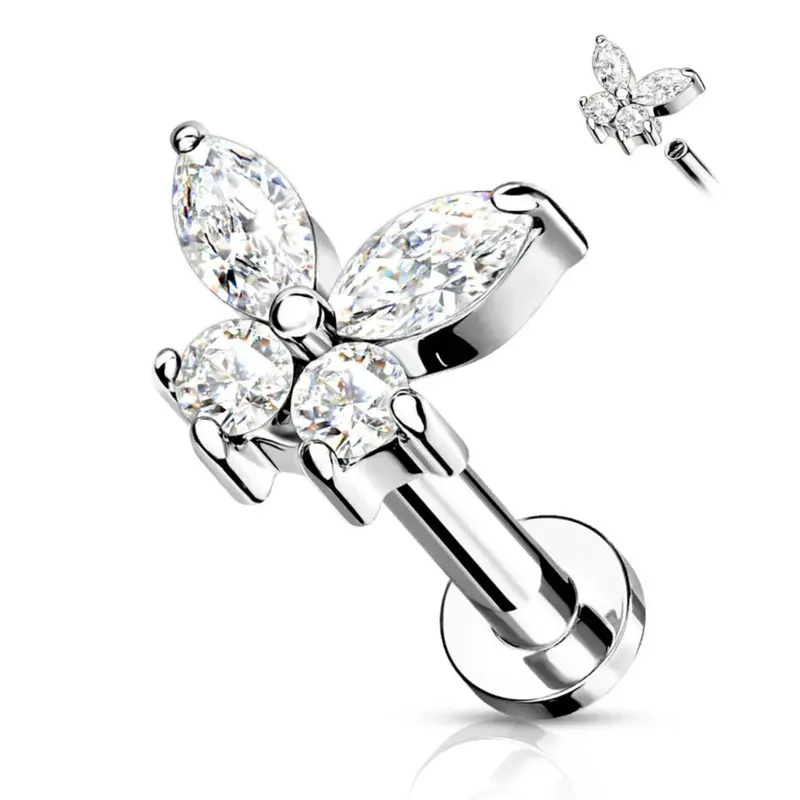 CRYSTAL BUTTERFLY FLAT BACK LABRET STUD 1