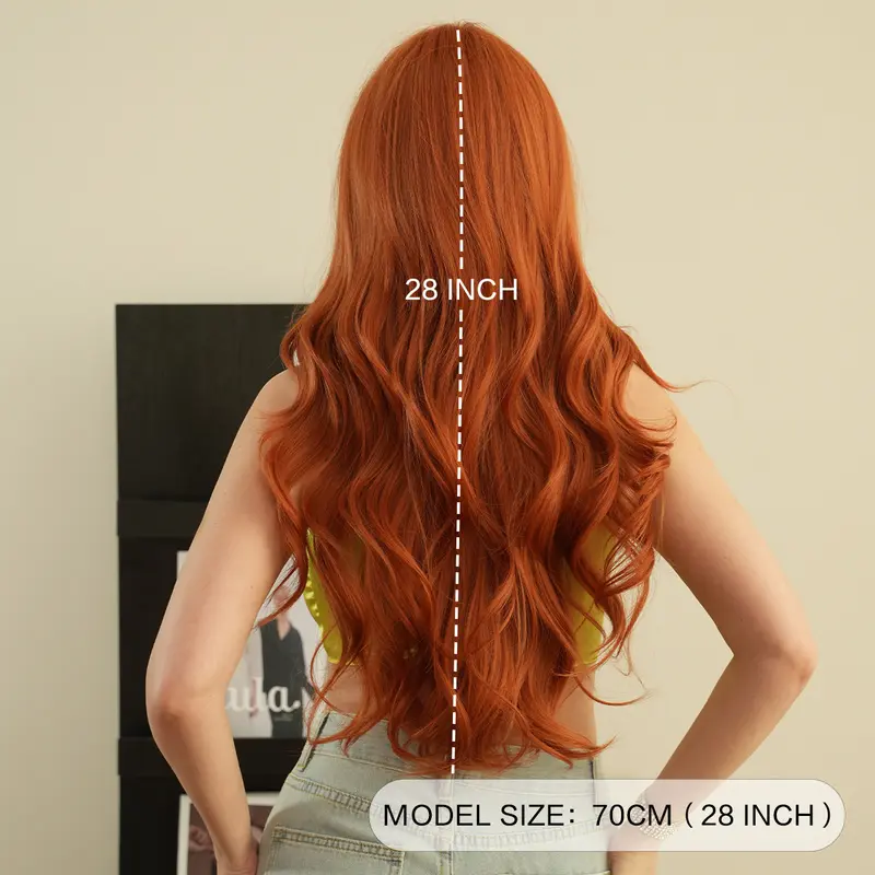 Orange Synthetic Wig Fashion Women Natural Air Bangs Big Waves Long Curly Hair Daily Party Use Full Head Cover 2