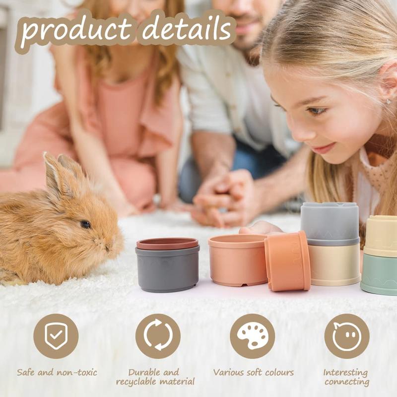 WALLFID 8 PCS Stacking Cups for Rabbits-Bunny Toys for Hiding Food and Playtime Fun,BPA-Free Safe Plastic Pet Toys,Multi-Coloured and Various Sizes 4