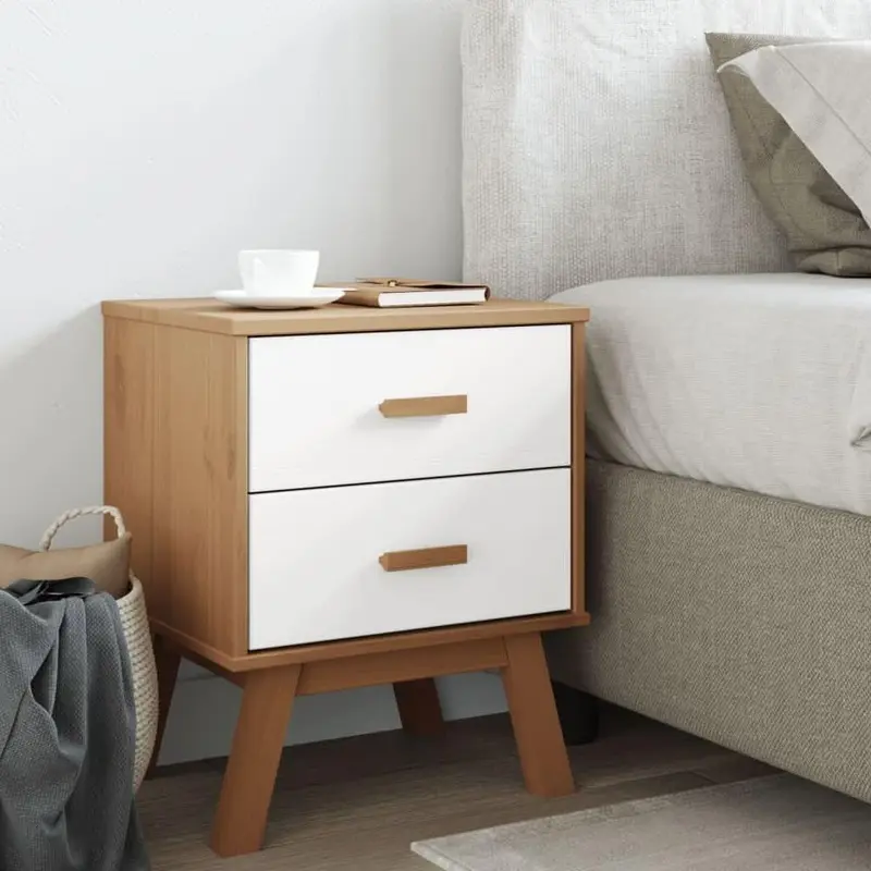 Bedside Cabinet OLDEN White and Brown Solid Wood Pine 2