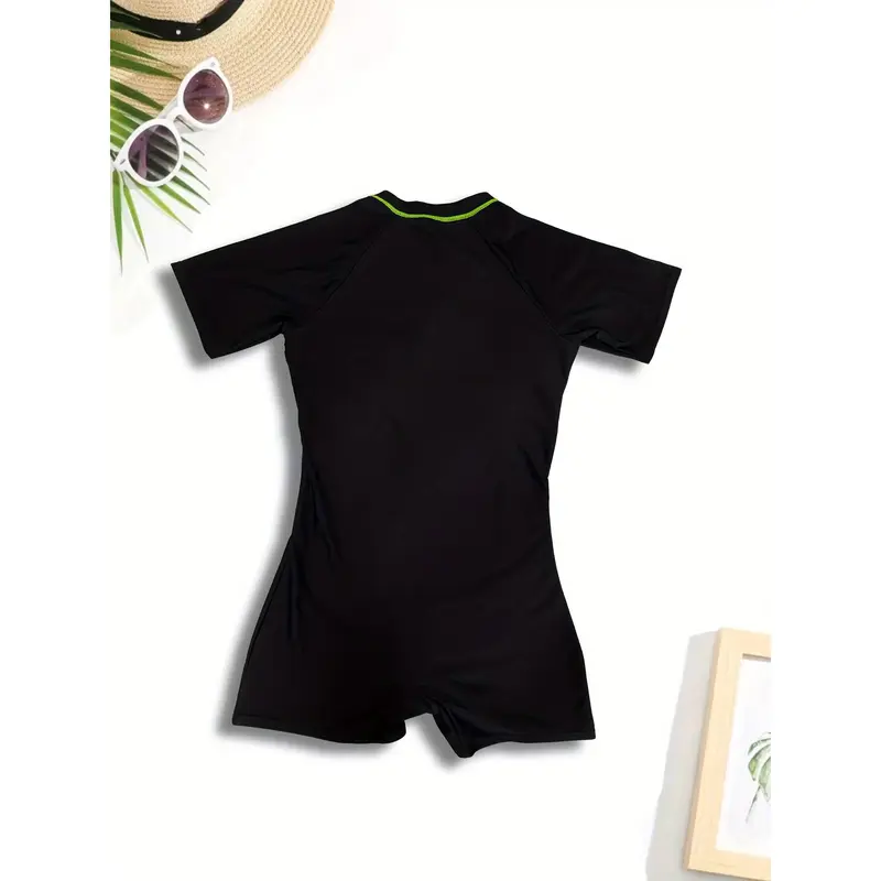 [One Short Sleeve Block Swimsuit] Color Block Zipper Short Sleeve One-piece Swimsuit, Short Sleeve Fast Dry Fabric Sun Protective Surfing Water Sports Rush Guard, Women's Swimwear & Clothing 2